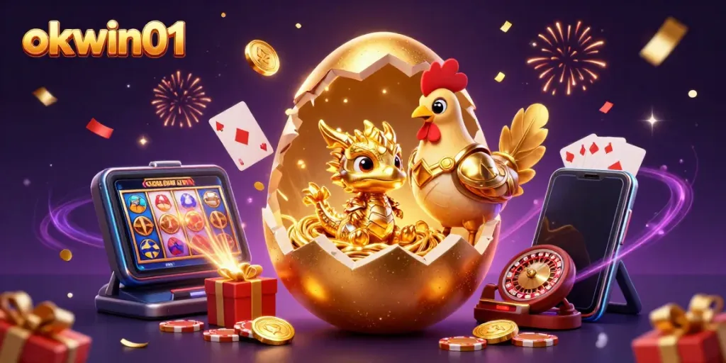 Experience the vibrant gaming world of okwin01 with dynamic golden characters and casino elements.