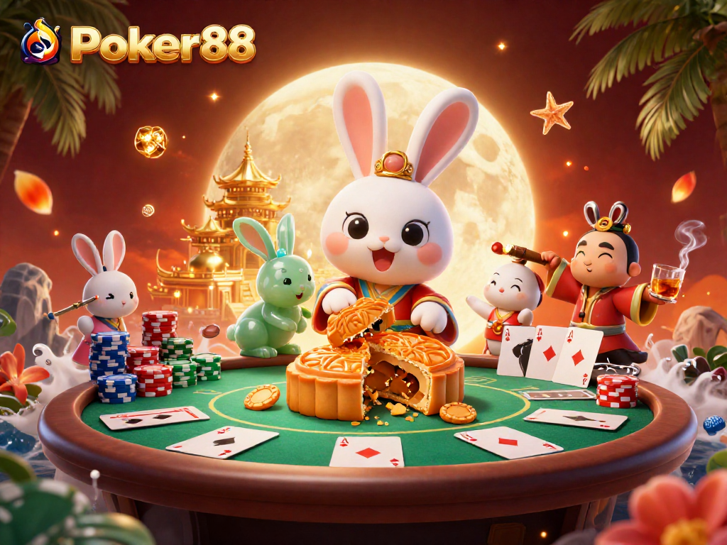 Engage with Poker88's thrilling poker scene featuring a folklore moon rabbit and vibrant game elements.