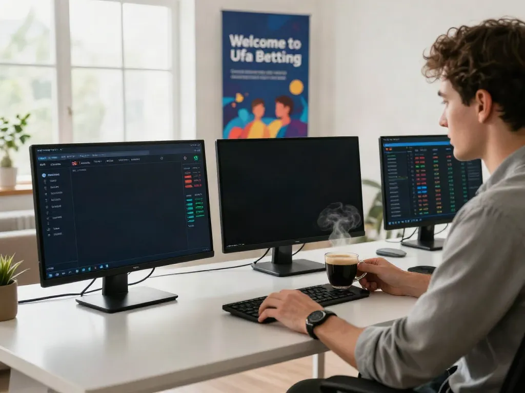 Engaged bettor reviewing Ufa betting odds on multiple screens in a bright home office.