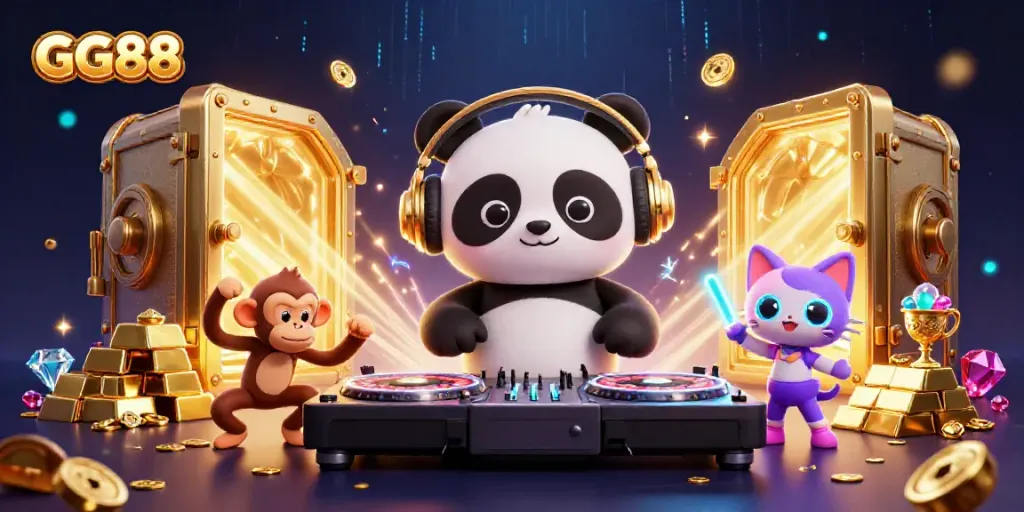 Join the excitement at GG88 casino with a vibrant scene featuring lively characters and dazzling treasures.