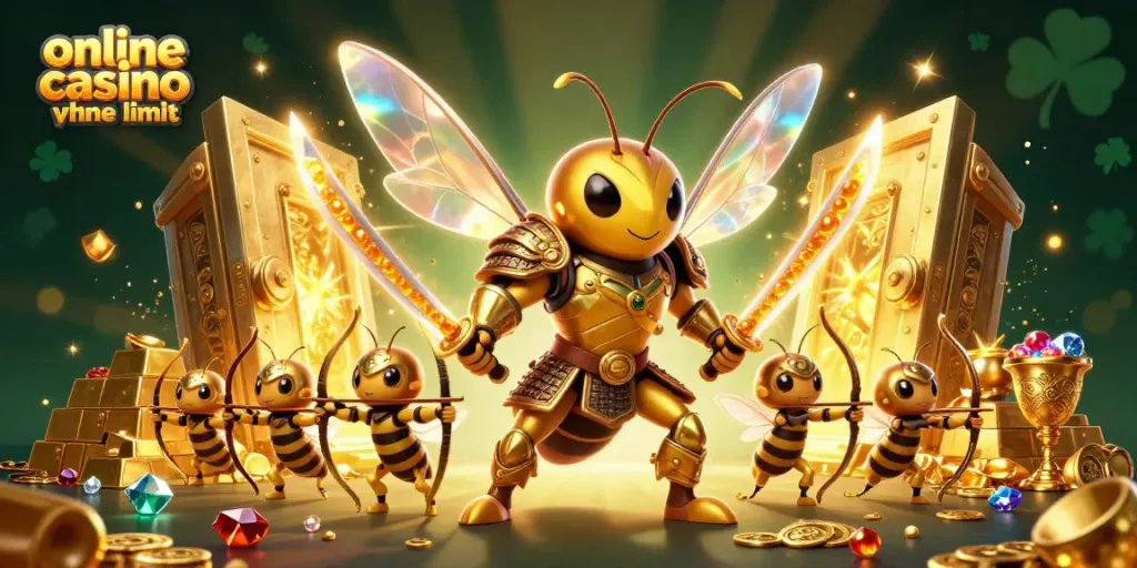 Engage with online casino ohne limit featuring a mystical hornet samurai surrounded by treasures and vibrant energy.