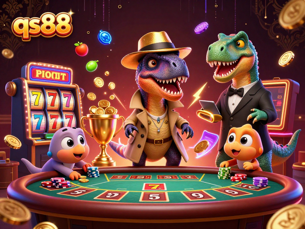 Engage with a dynamic qs88 blackjack scene featuring vivid cartoon dinosaurs strategizing at the table.