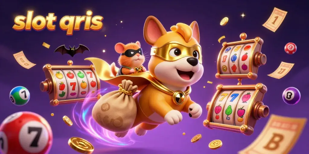 Experience the excitement of slot qris with vibrant game elements alongside a superhero dog.