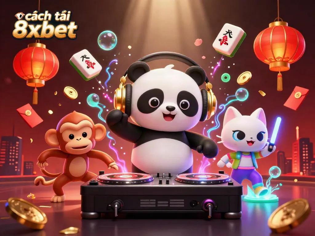 Engage with cách tải 8xbet in an action-packed casino-themed illustration featuring a DJ panda, dancing monkey, and glowing kitten amidst vibrant gaming elements.