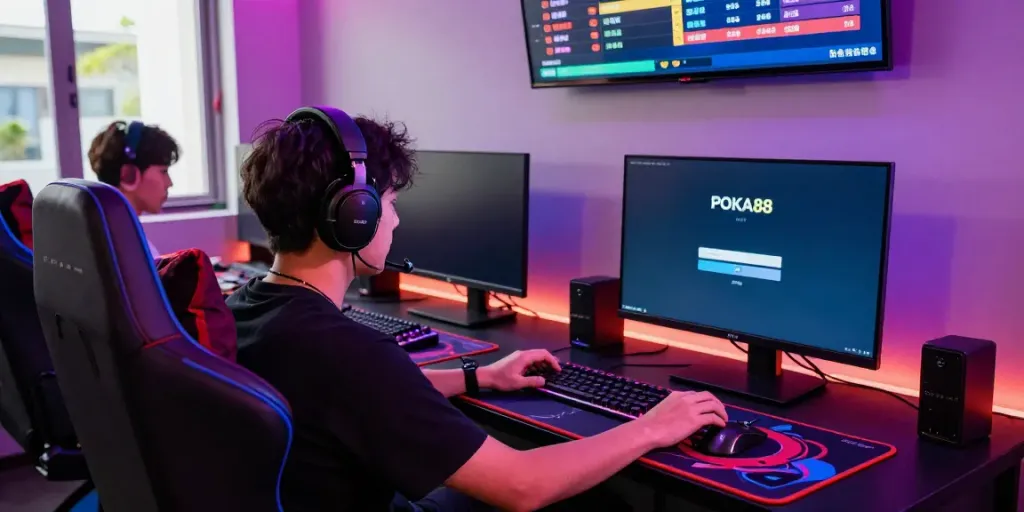 Exciting gaming setup featuring POKA88 login on screen, vibrant LED lights, and gaming accessories.