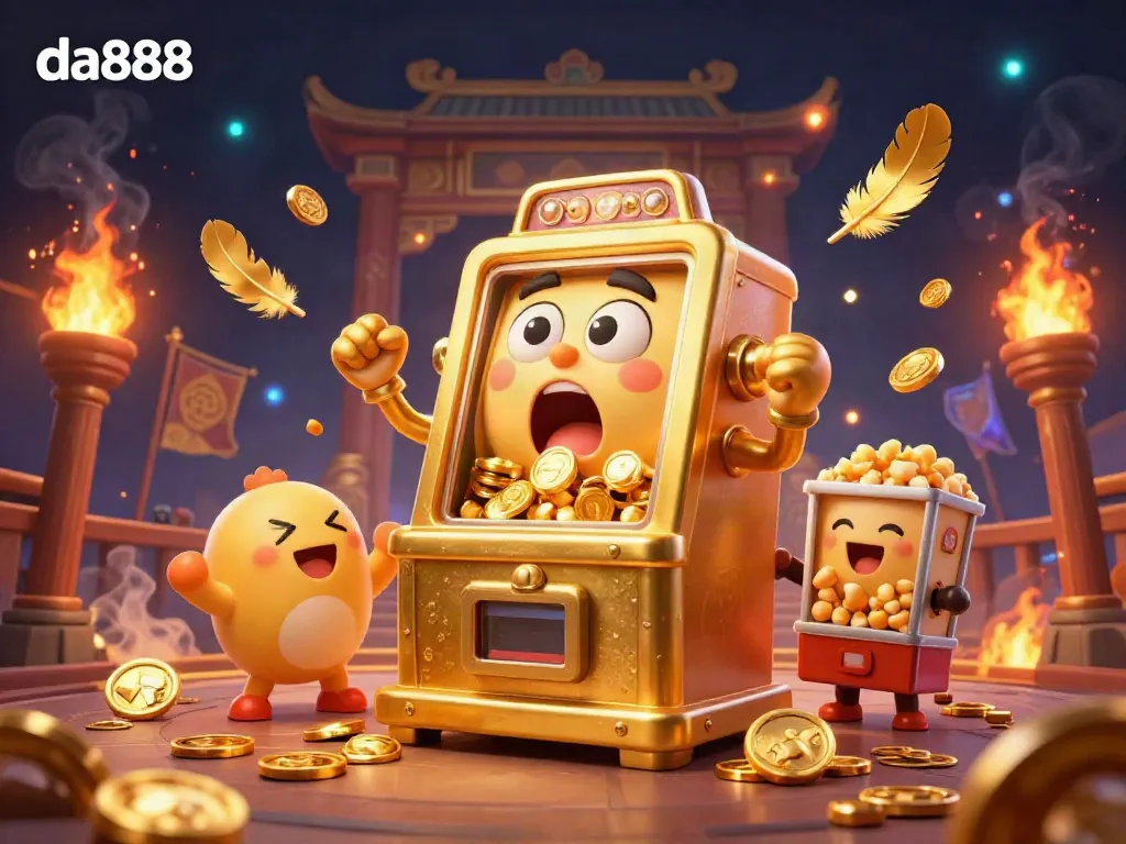 Experience da888's thrilling jackpot moments with vibrant slot machines and coins cascading in celebration.