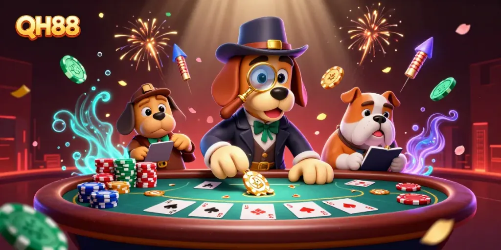 QH88 poker scene with a cartoon detective and bulldog uncovering gambling treasures.