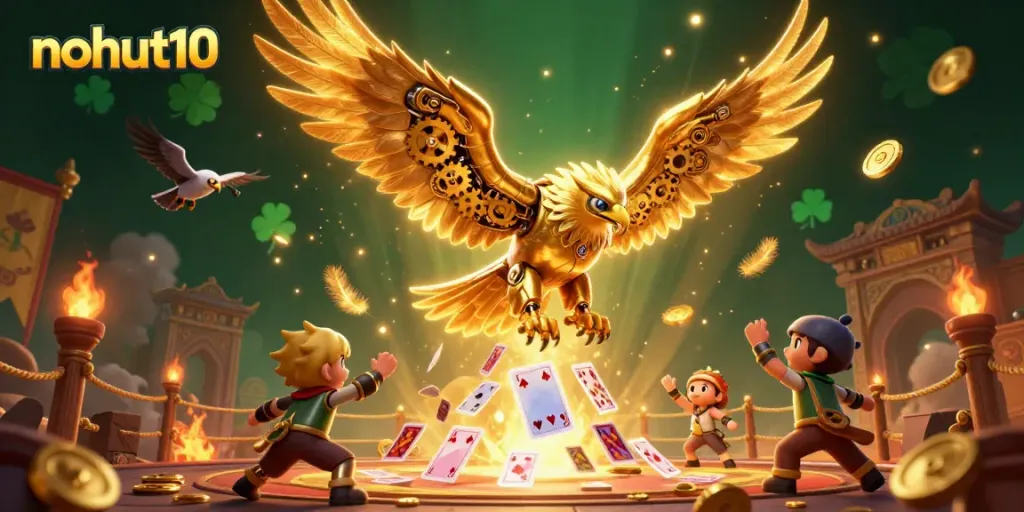 Experience thrilling gameplay with nohut10 as a golden eagle dives through holographic cards in a vibrant casino setting.