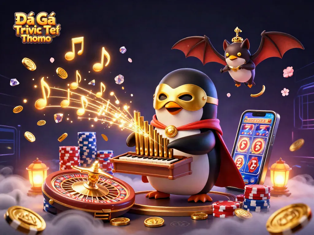 Experience Đá Gà Trực Tiếp Thomo with dynamic characters and exciting casino elements in an immersive 3D illustration.