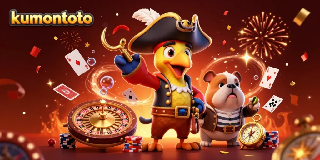 Kumontoto pirate scene dynamically engaging in casino games with floating cards and roulette.