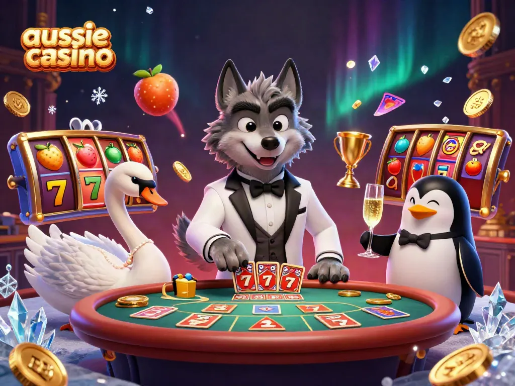 Aussie casino illustration featuring a debonair wolf at baccarat, elegant swan dealer, and penguin sommelier amidst dynamic gaming elements.