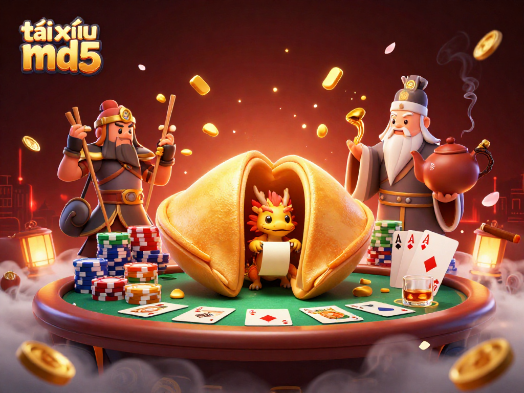 Engage in exciting gameplay with tài xỉu md5 while a wise dragon reads fortunes amidst vibrant casino elements.