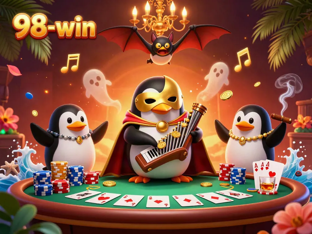 Experience thrilling moments at 98-win with a lively casino scene featuring extravagant characters and poker elements.