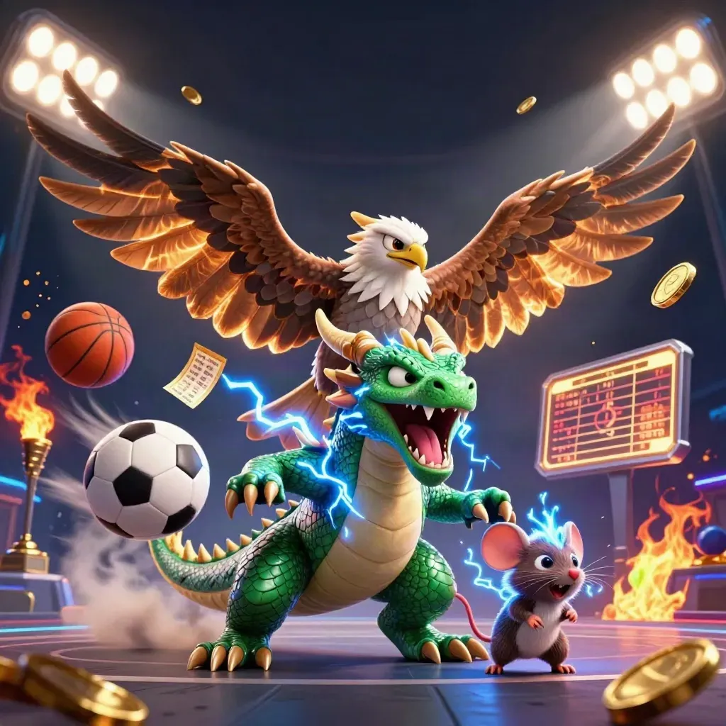 Thunder dragon, wind hawk and static mouse amid sports balls, trophy and neon casino lights.