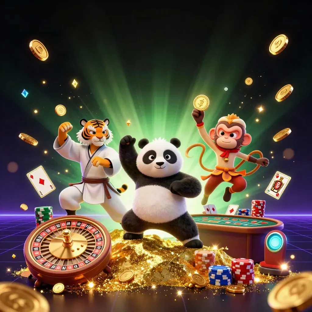 Kung-fu tiger, panda, and monkey erupt amid coins, cards, chips, and neon casino glow.