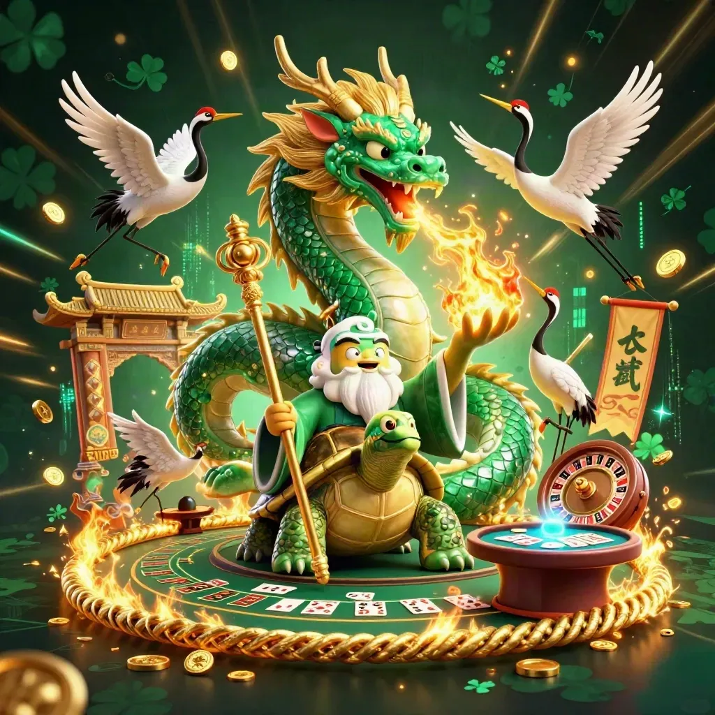 Emerald dragon, turtle sage, and cranes amid gold fire, casino relics, and neon magic.