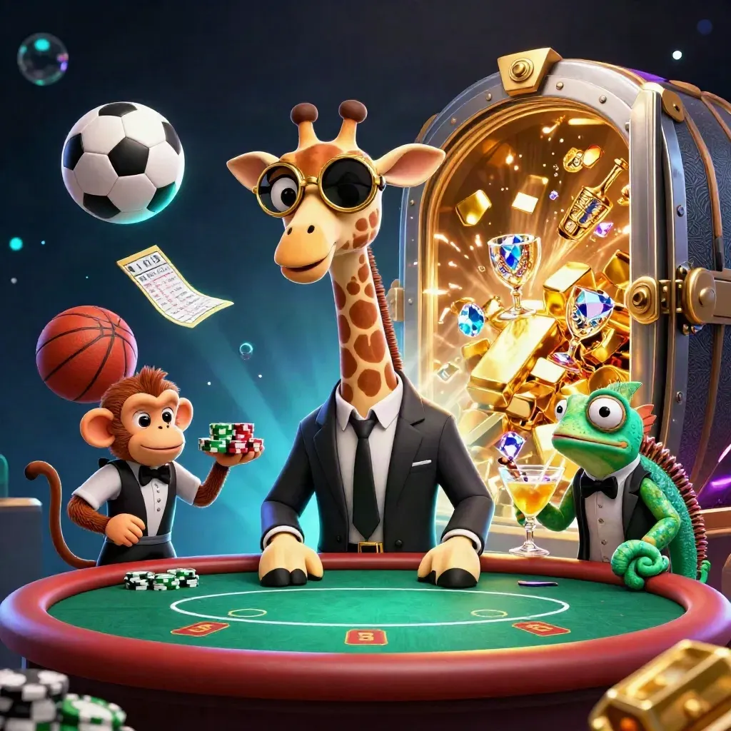 Neon casino animals around flying sports balls, gold vault burst, and VIP poker table.