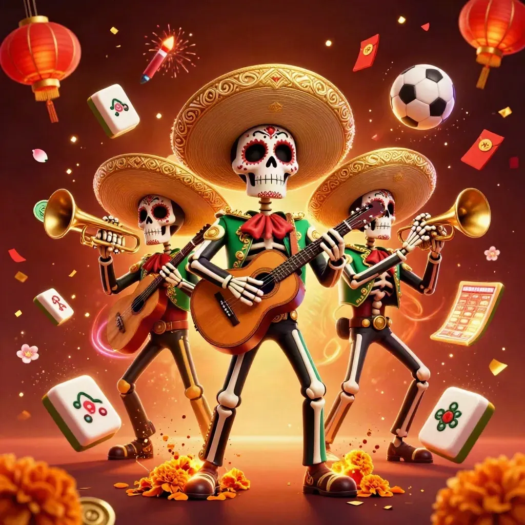 Skeleton mariachi trio amid casino props, soccer ball, confetti, fireworks, and glowing neon drama.