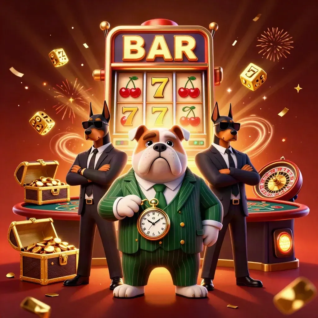 Bulldog boss and two Dobermans amid a bursting slot machine, gold, dice, and ember glow.
