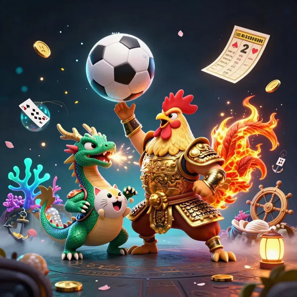 Rooster warrior, dragon hatchling, and fortune-cat amid treasure, balls, and neon casino magic.