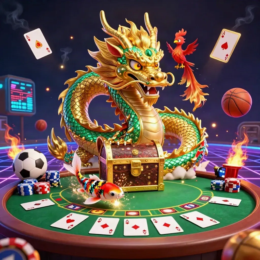 Golden dragon over poker chips, cards, and sports balls in a neon casino glow.