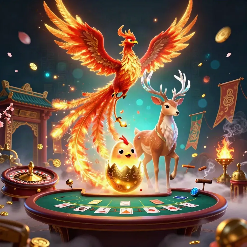 Fire phoenix, hatching chick, and crystal-antlered stag in luxe casino fantasy light