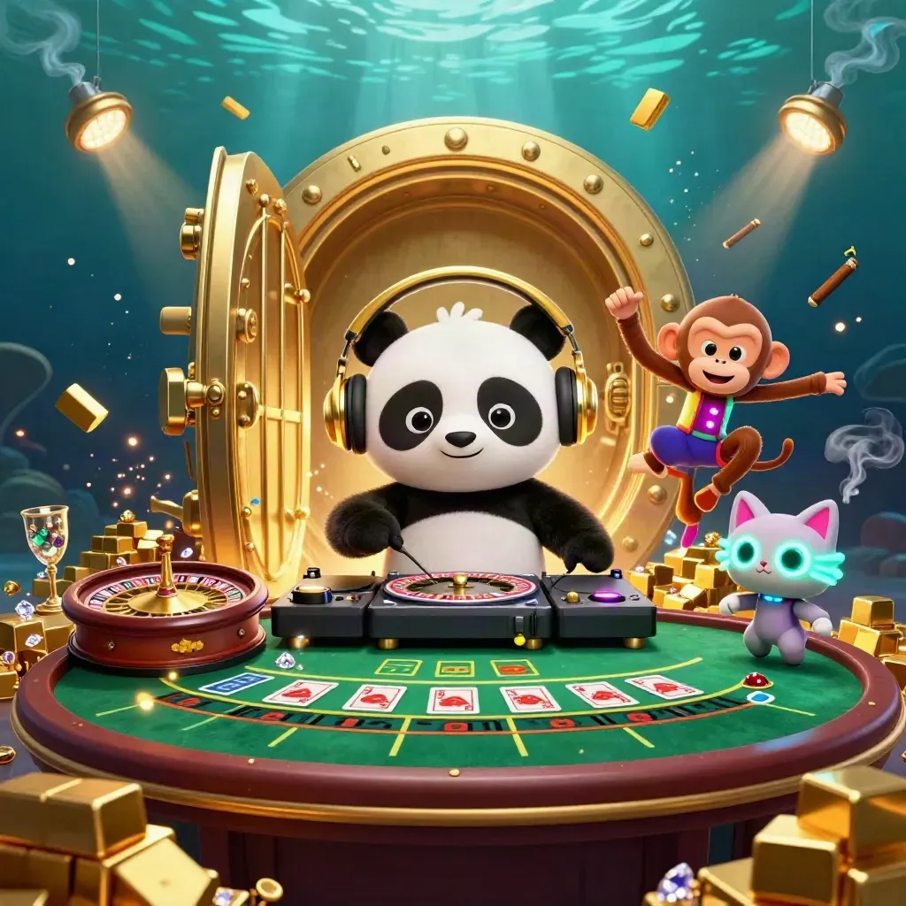 DJ panda, monkey, and kitten erupt from a gold vault in neon casino light.