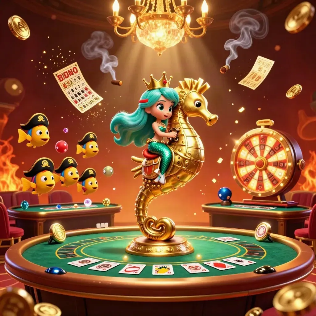 Mermaid princess on armored seahorse amid casino lights, roulette, bingo, and fluttering tickets