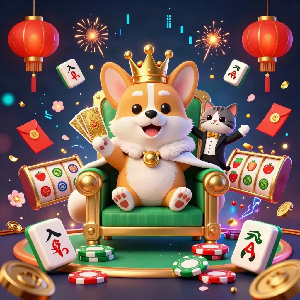 Crowned corgi and cat butler amid casino treasure, neon bolts, and flying game tokens.