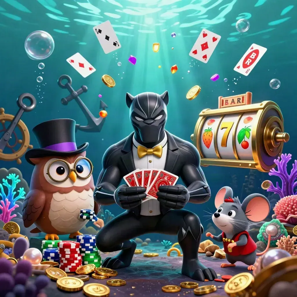 Panther, owl, and mouse in an underwater casino treasure burst.