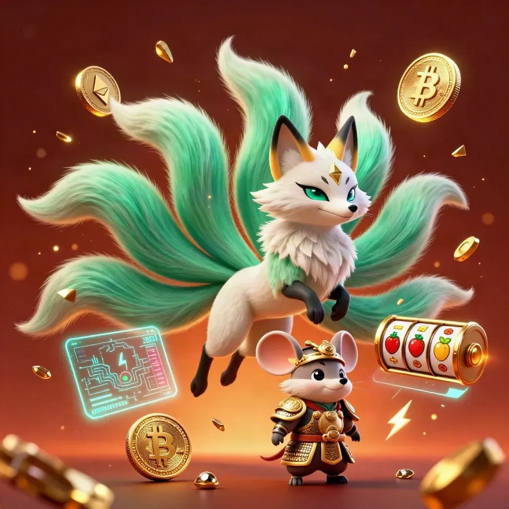 Neon fox spirit and armored mouse amid coins, lightning, gems, and emerald casino glow.