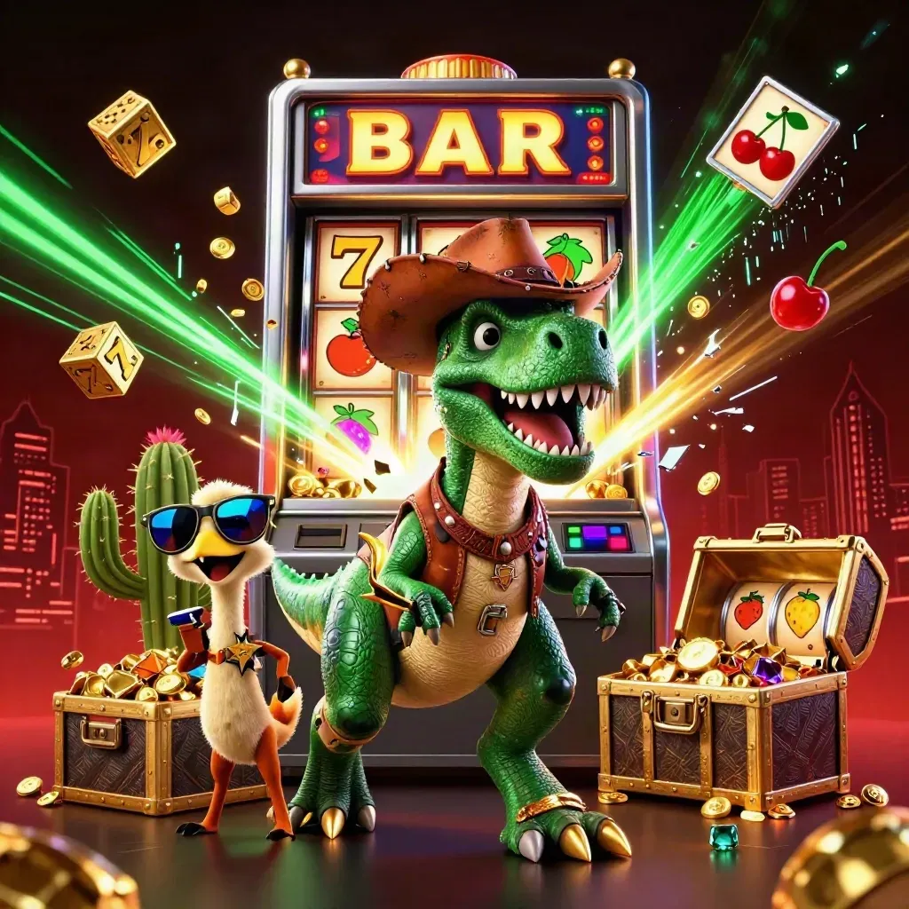 Cowboy T-Rex, cactus sidekick, and sheriff roadrunner amid gold, dice, and a bursting slot machine.