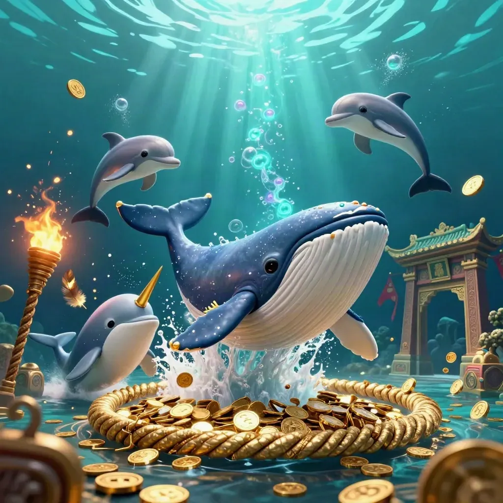 Whale captain, narwhal, and dolphins burst through coins in glowing underwater casino art.