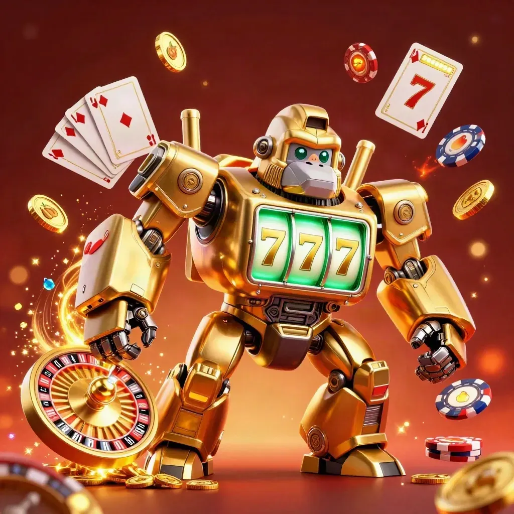 Golden gorilla mech with monkey pilot bursts through casino treasure, coins, chips, cards, roulette wheel.