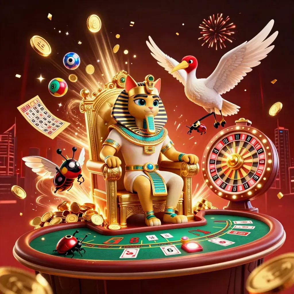 Pharaoh cat on throne amid casino coins, roulette wheel, fireworks and gem-winged scarabs.