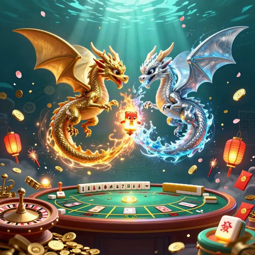 Twin gold and silver dragons spiral through casino treasure, coins, lanterns, fireworks, and neon glow.