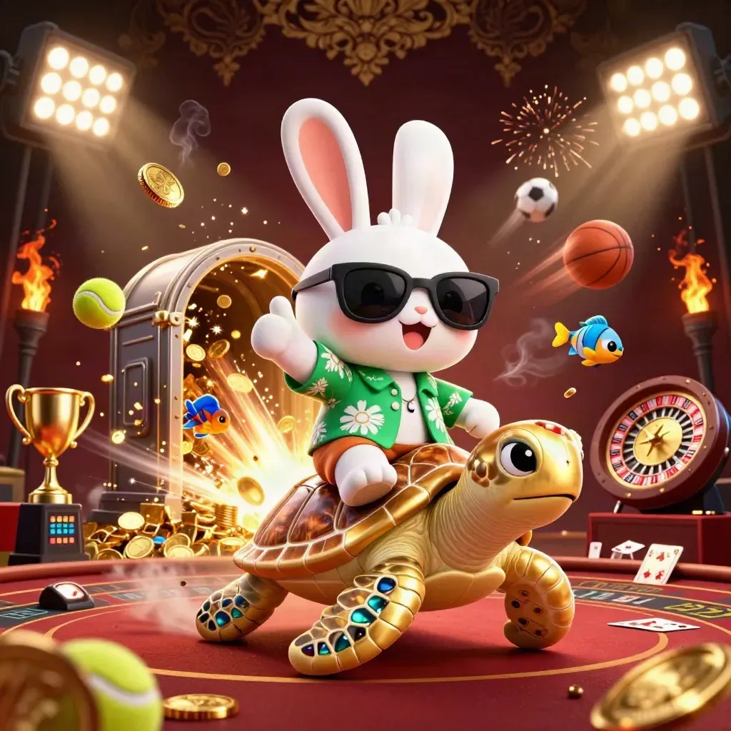 Lucky rabbit rides a gold sea turtle amid coins, fireworks, roulette, and casino lights