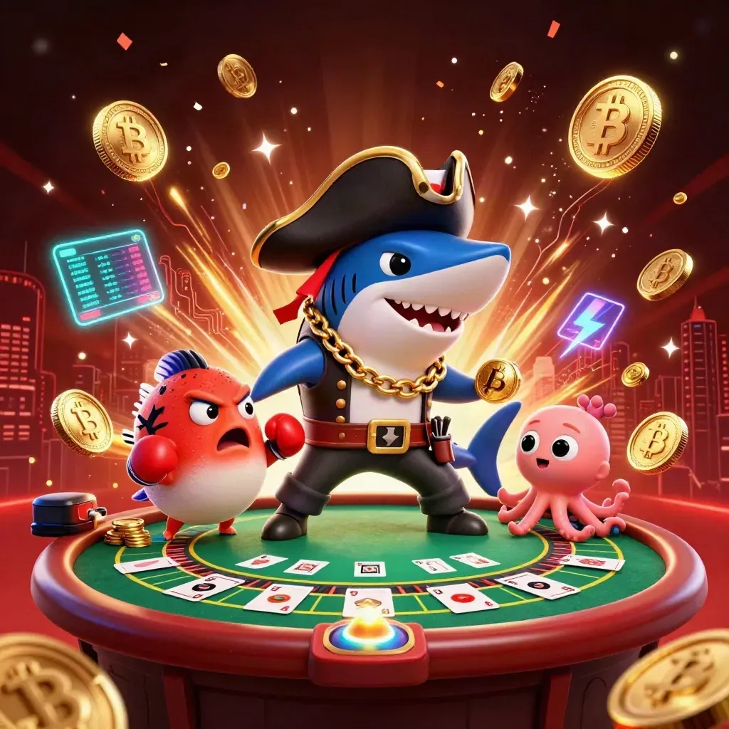 Shark captain, boxing pufferfish, and juggling octopus amid gold coins, neon casino effects, and fireworks.