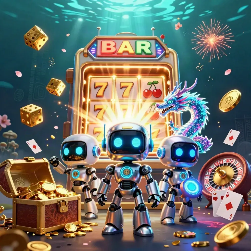 Robot, holographic dragon, and coin drone amid slot jackpot, treasure, and casino lights.
