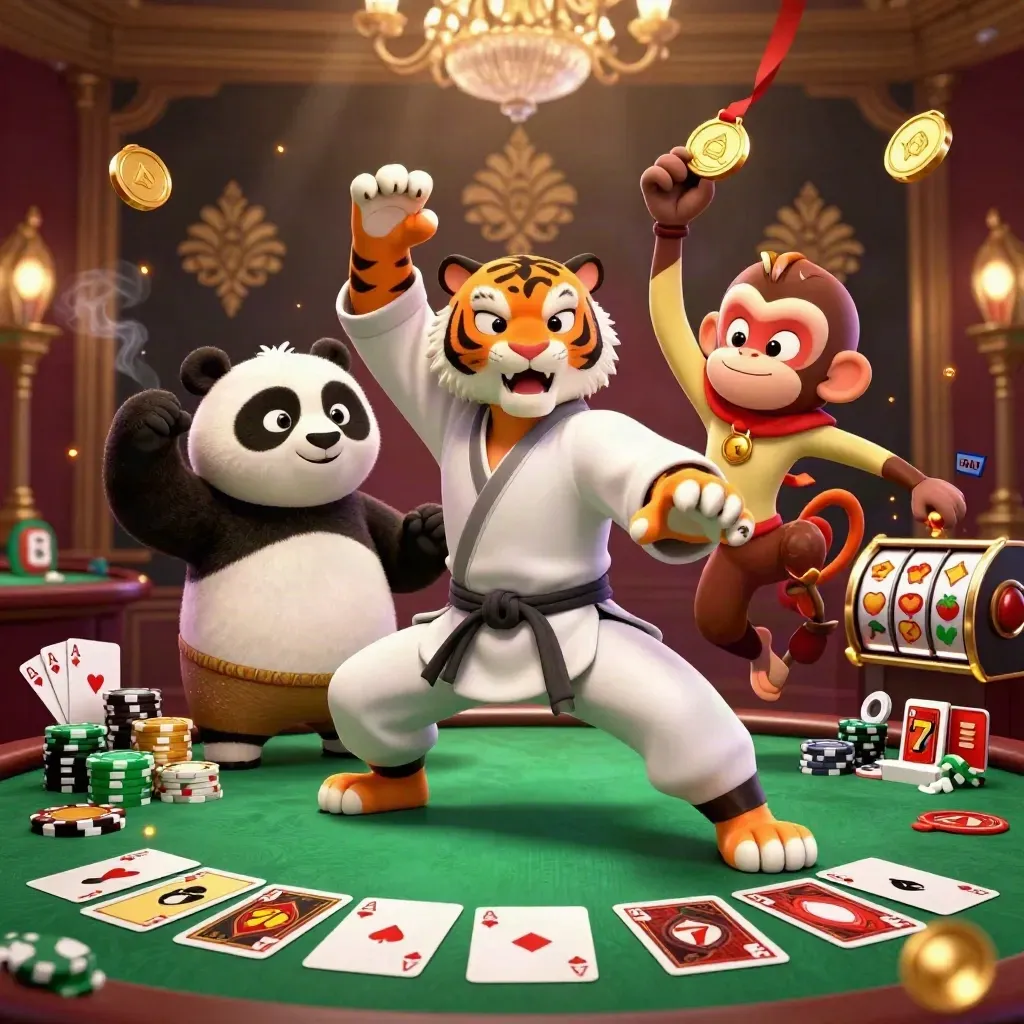 Kung-fu tiger, panda, and monkey amid casino chips, cards, reels, and gold-lit embers.
