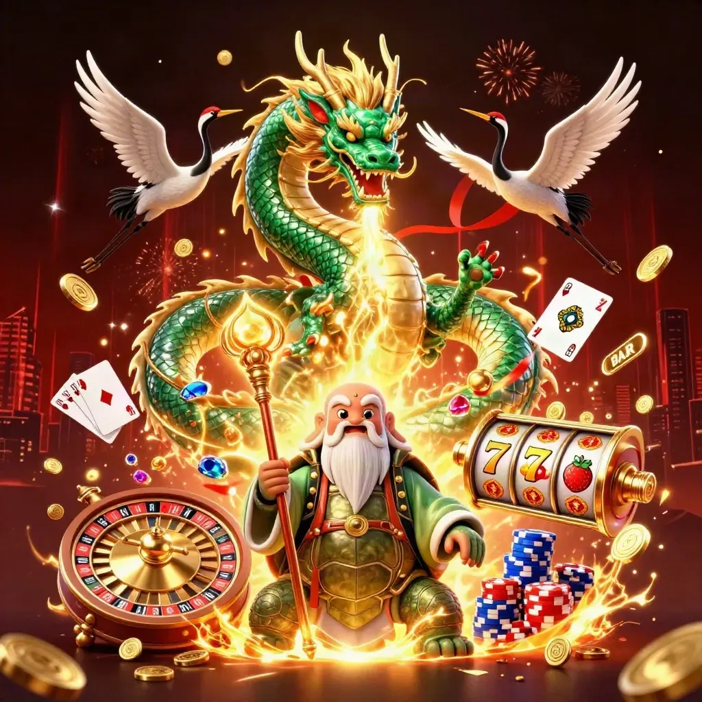 Emerald jade dragon, turtle sage, and cranes hurl gold fire over casino reels and coins.