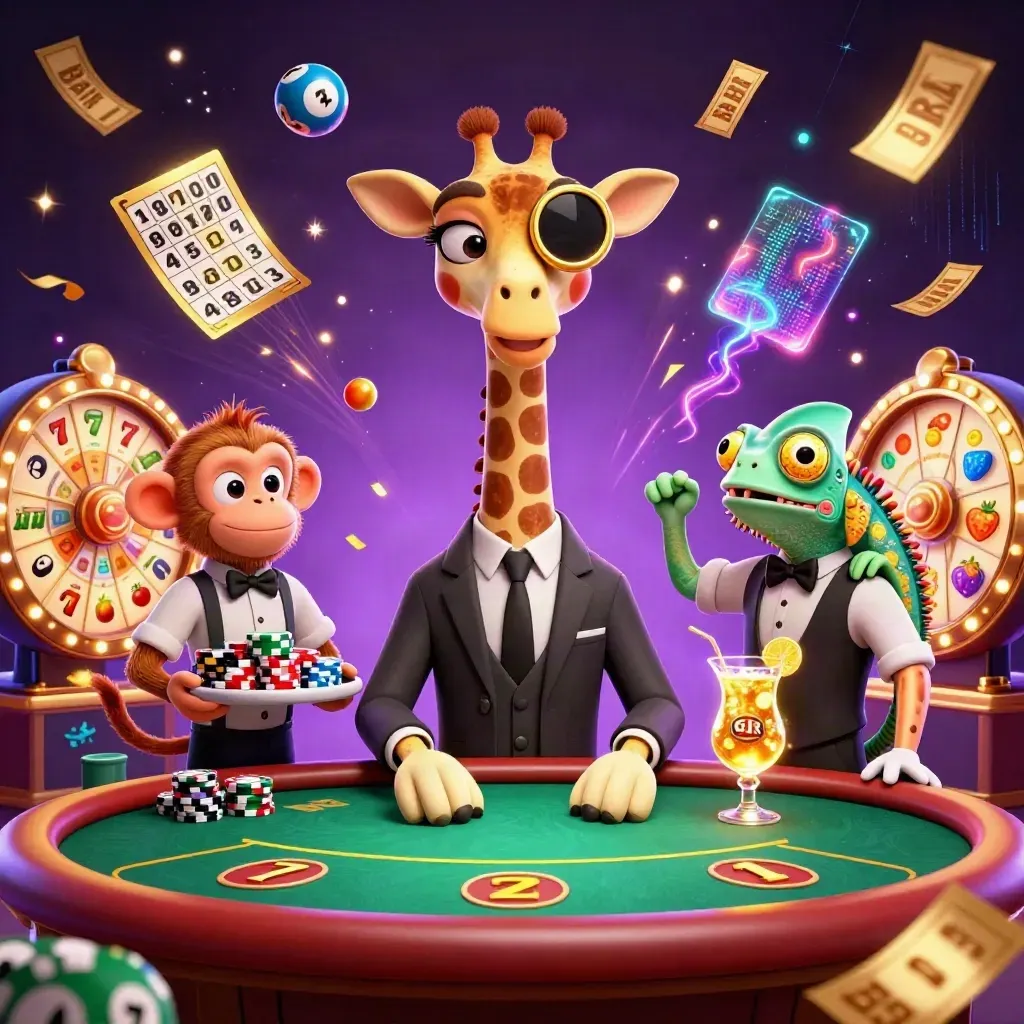 High-roller giraffe, valet monkey, and chameleon bartender amid casino magic and glowing game icons