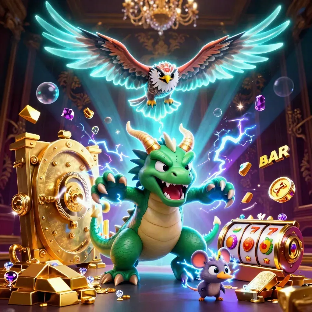 Thunder dragon, wind hawk, and static mouse amid gold vault riches and neon casino glow