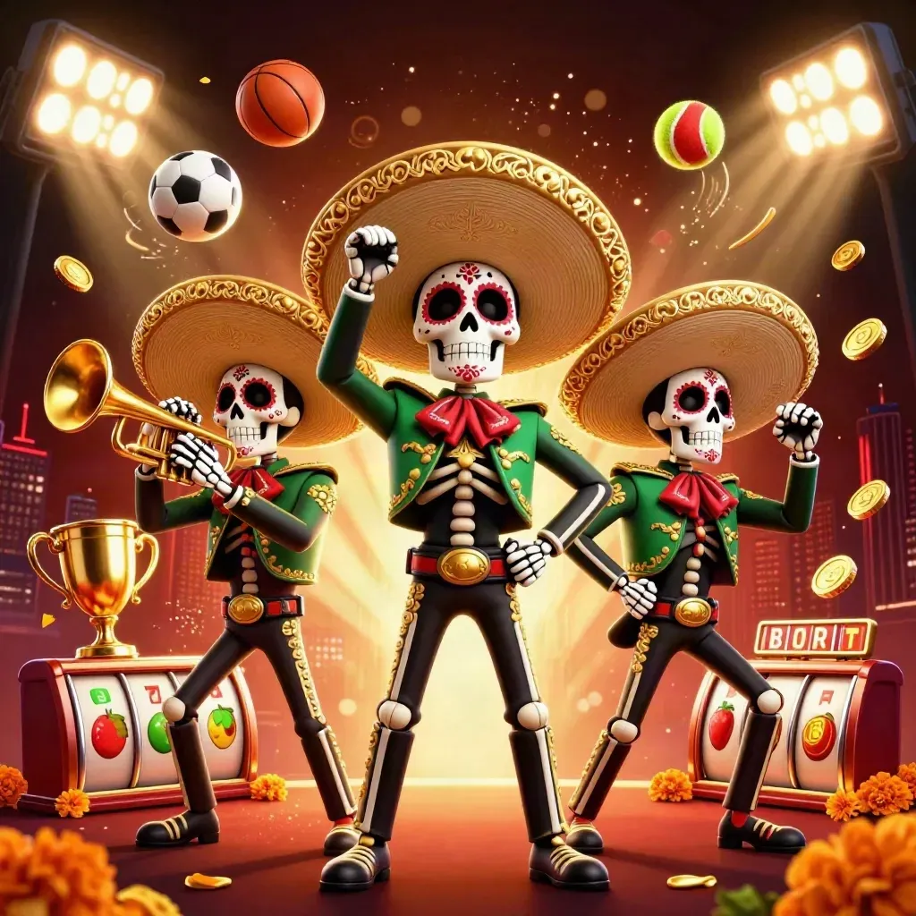 Three skeleton mariachi musicians burst amid casino and sports symbols, glowing in gold and emerald.
