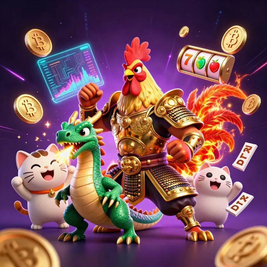 Rooster samurai, spark-breathing hatchling and fortune cat amid neon coins and slot symbols.