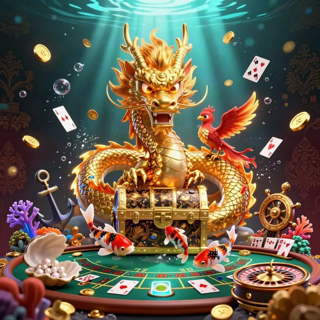 Golden dragon, phoenix, koi, and casino treasures in a luxe underwater glow.