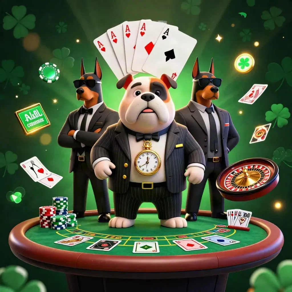 Bulldog casino boss with two Dobermans, chips, cards, roulette wheel, and gold neon glow.