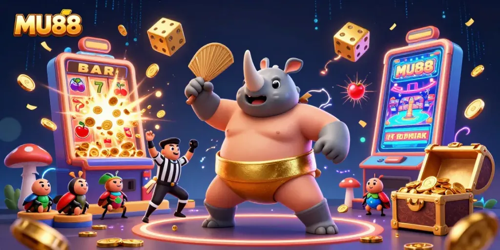 Experience thrilling wins at MU88's jackpot explosion with vibrant casino elements and energetic characters.