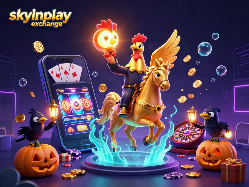 Experience the thrill of skyinplay exchange with a golden rooster and friends in a vibrant casino scene.