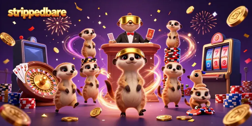 Meerkat cerdik sedang mengelola kasino dengan koin dan chip berkilauan untuk strippedbare.